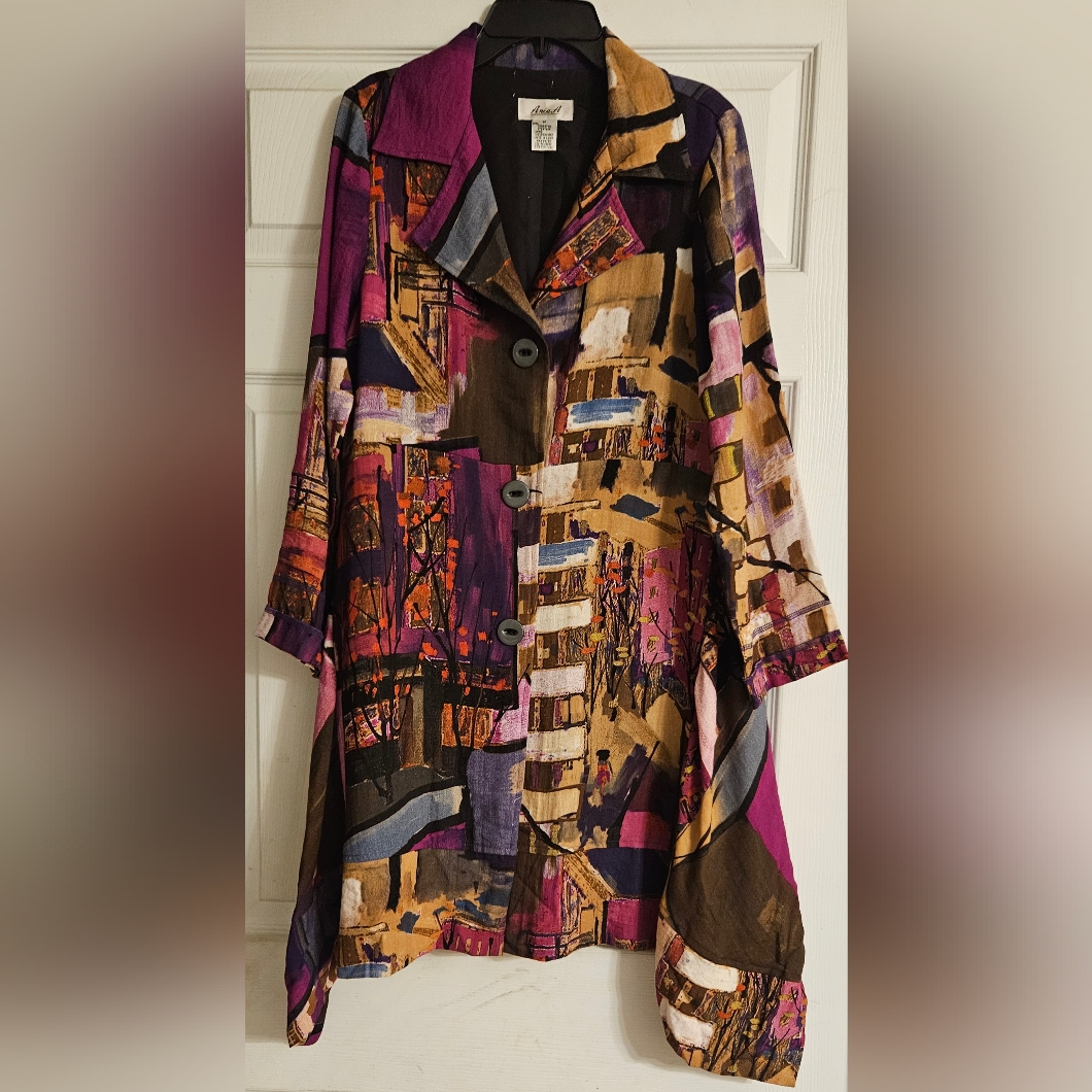 Anea. A Women's Magenta Tan Black Waterfall Cardigan Size Medium Pre-Owned